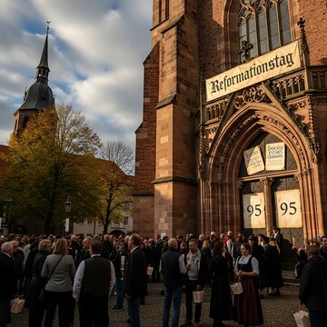 Reformation Day Celebration at a Historic Church Entrance.