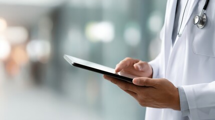 Fototapeta premium Medical Professional Using Digital Tablet in Hospital Corridor for Patient Care Management