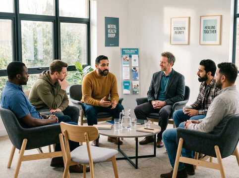 Men gather in a bright, modern room for peer support