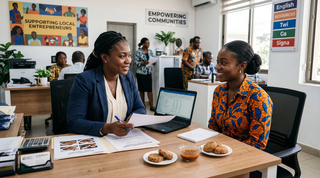 Two women discuss microfinance in a bright office