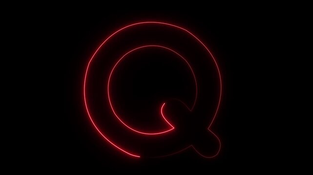 Glowing neon letter q animation with red light effect on black background, alphabet typography