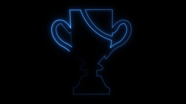 Blue neon trophy cup icon glowing on black background for sports and gaming award concept animation.Blue neon trophy cup icon glowing on black background for sports and gaming award concept animation.
