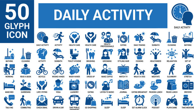 Daily activity glyph icon mega pack with fifty routine icons for schedule lifestyle and health vectors