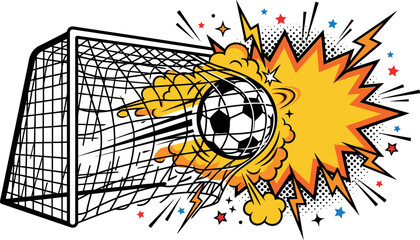 Vector comic style illustration featuring a classic soccer ball scoring a goal in the net with a dynamic explosion and thunder bursts © Khairul