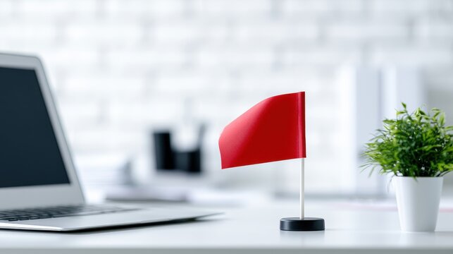 Small red flag on a white desk in a modern office interior as a warning sign concept