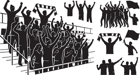 Black silhouette collection of passionate sports fans in stadium stands with silhouettes celebration cheering passionate spectators energetic bleachers championship audience together © brandesiner