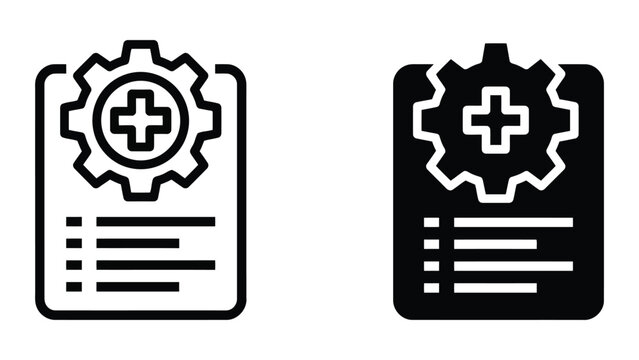 Medical checklist document with gear icon vector set in outline and solid black style for hospital administration and clinical workflow management or healthcare operational documentation tasks