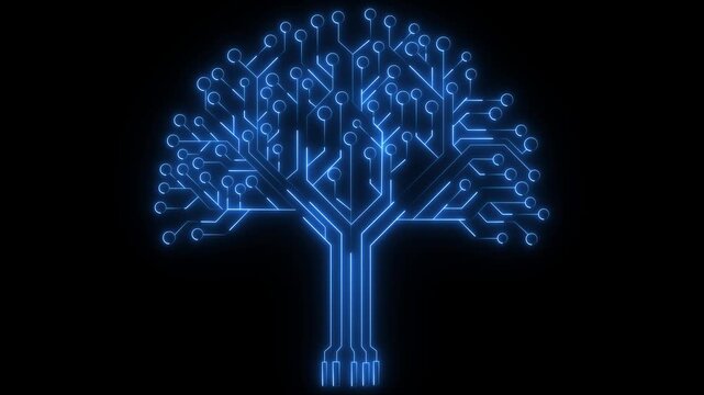 Circuit tree on black background. Science and technology concept. Animated Glowing circuit board on a black background.