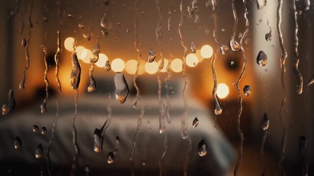 Cozy heavy rain bedroom view through window glass with warm lights