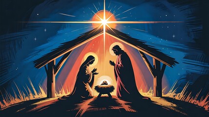 Obraz premium Nativity scene illustration with holy family silhouette under starry sky 