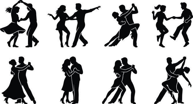 Dancing couples silhouettes, ballroom dance partners, salsa, tango, swing, romantic dancers collection icons isolated on white background