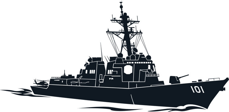 Military warship silhouette, naval destroyer ship sailing on ocean waves, battleship, navy cruiser icon isolated on white background