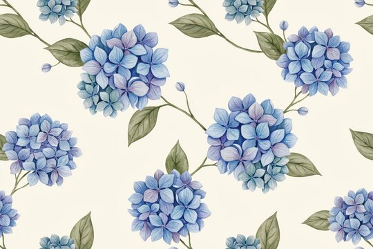 Watercolor seamless pattern featuring delicate blue hydrangea flowers on thin stems with green leaves on a light cream colored background