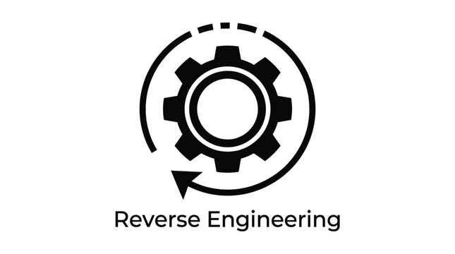 Black and white gear icon symbolizing reverse engineering process.