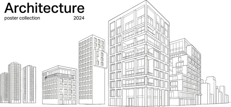 Futuristic building and modern skyscraper logo collection featuring black abstract linear corporate tower icons