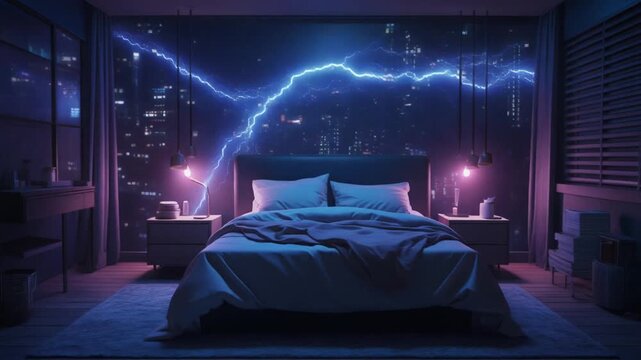 Lightning flashing over a city view in a heavy rain bedroom
