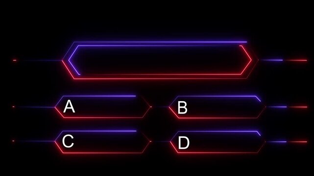 Quiz Neon Line Animation with option selection on black background. 4k animation.