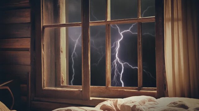 Lightning flashes through a heavy rain bedroom window at night