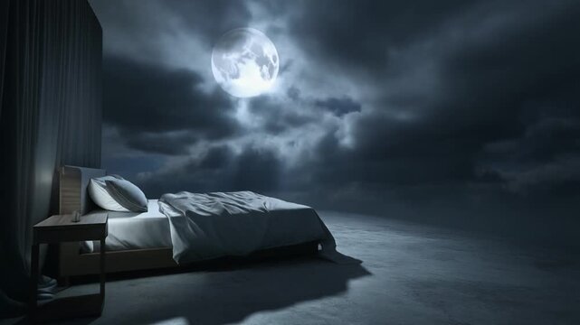 Heavy rain bedroom under a glowing full moon with dramatic clouds