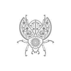 Fototapeta premium Intricate beetle illustration with floral patterns detailed line art black and white