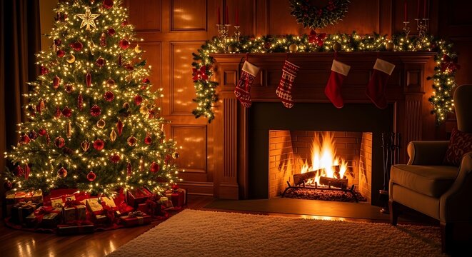 Cozy Christmas Fireplace Scene with Decor and Tree Indoor Celebration Warmth and Light Holiday Festive Atmosphere.