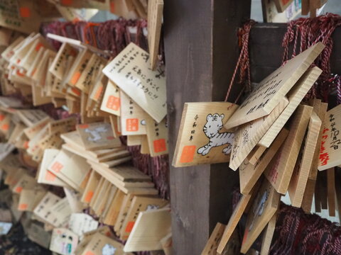 Traditional Japanese ema prayer plaques at a shrine