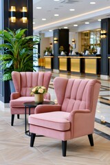 Fototapeta premium Pink velvet armchairs furnishing modern hotel lobby interior