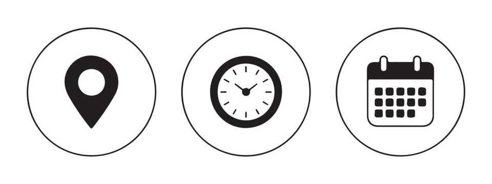 Set of location clock and calendar icons in circles, simple graphic design elements, essential icons for navigation.