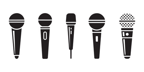 Five different types of dynamic handheld microphones isolated on a dark transparent background set. © Habib Stocker