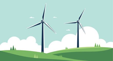 Fototapeta premium Two large white wind turbines stand on rolling green hills under a clear blue sky for clean renewable energy production.
