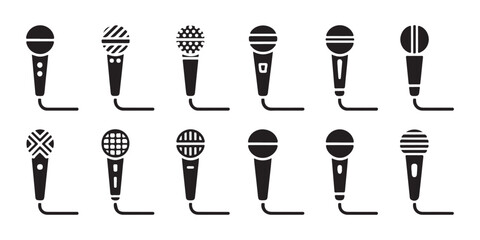 Twelve assorted handheld and dynamic microphones icons isolated on a dark grey transparent pattern. © Habib Stocker
