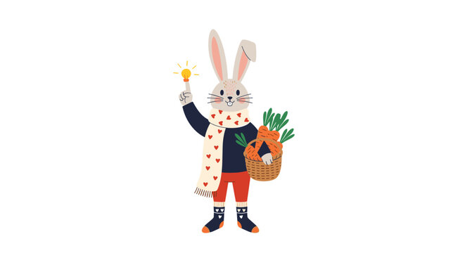 Whimsical illustration of a rabbit character dressed in winter clothes holding a basket of carrots and having a bright idea.