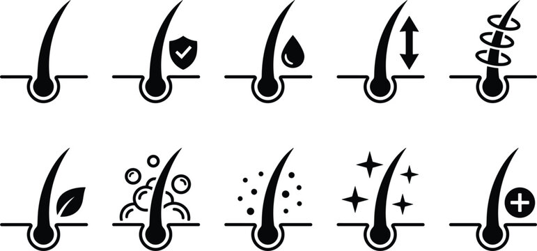 Hair follicle strand icon set showing root strength protection moisture growth and scalp health vectors