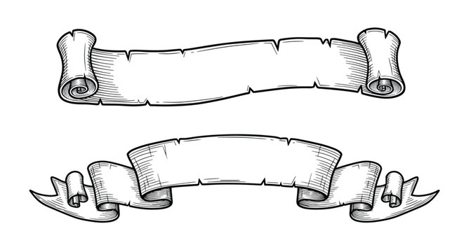 Pair of ancient blank parchment scrolls with tattered edges illustrated in a detailed black and white engraving style.