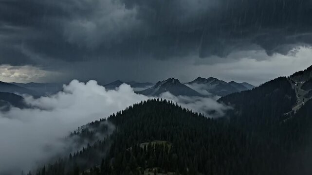 Aerial passage over dark evergreen mountains under a dramatic storm with heavy clouds and rolling mist