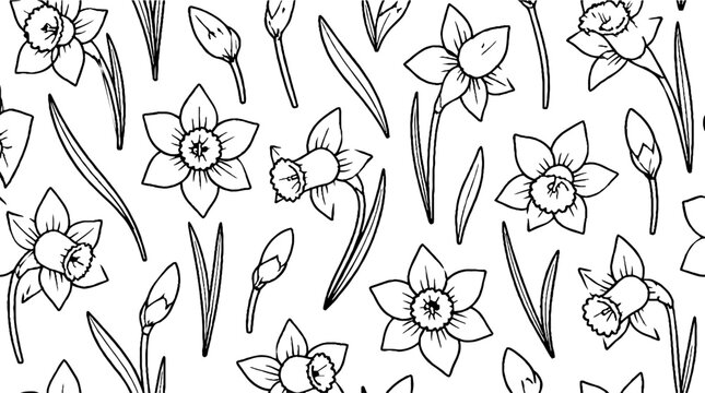 Detailed black and white daffodil flower illustrations.