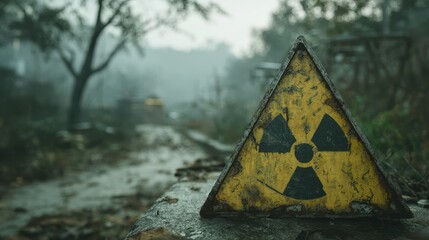 Fototapeta premium Grungy radiation warning sign in a foggy abandoned post-apocalyptic environment