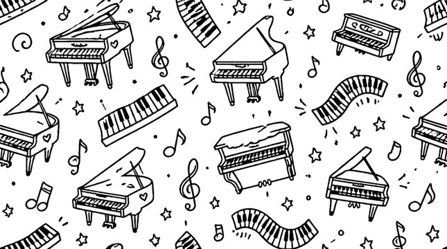 Black and white piano and music notes pattern.