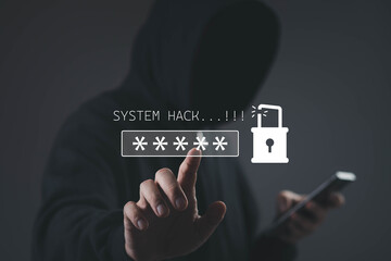 System hack warning with hooded hacker using smartphone, showing password breach and cybersecurity threat, illustrating data theft, phishing attack, and digital security risk with user interface alert © Bordinthorn