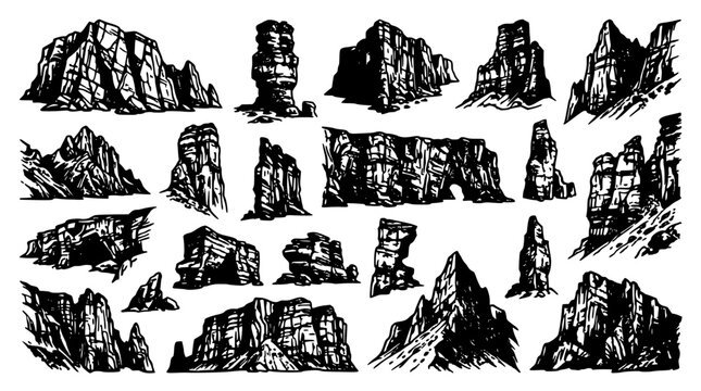 Mountain Rocks and Cliff Ruins, Hand-Drawn Style Landscape Engravings Set for Travel and Nature Design