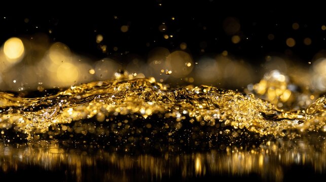 Golden liquid splashes, droplets, and bokeh lights against a dark background
