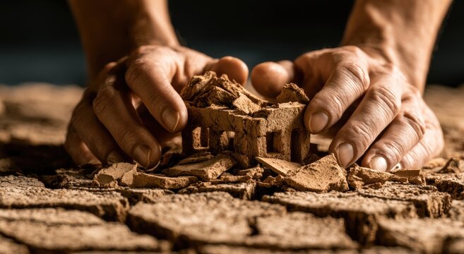 Fragile shelter constructed from dry earth, cradled by human hands amid parched ground