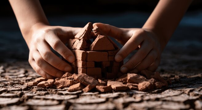 Small hands construct a fragile home from earth on cracked, dry ground
