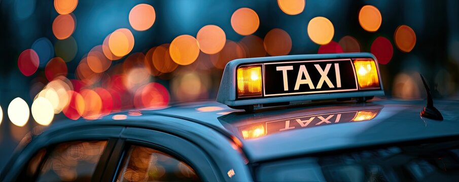 Close-up of a taxi roof sign at night, illuminated by city lights
