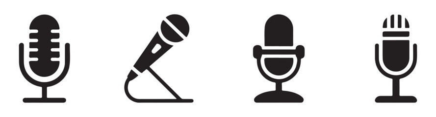 Set of four simple black microphone icons isolated on a grey checkered pattern background for design. © Habib Stocker