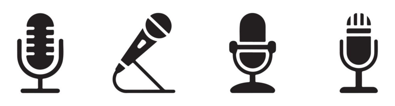 Set of four simple black microphone icons isolated on a grey checkered pattern background for design.