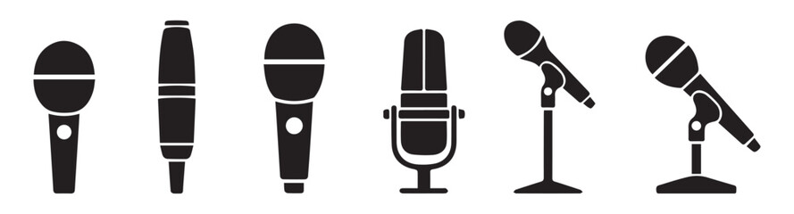 Set of six black microphone icons for audio recording including handheld and professional stand mix. © Habib Stocker