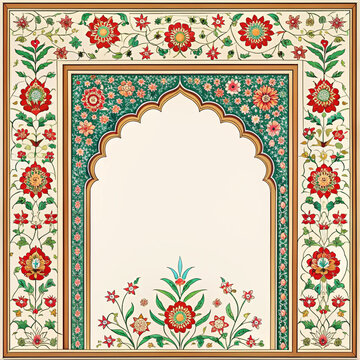 Decorative floral frame with persian miniature style intricate patterns featuring blooming flowers and elegant vines for luxury wedding invitation card background design.