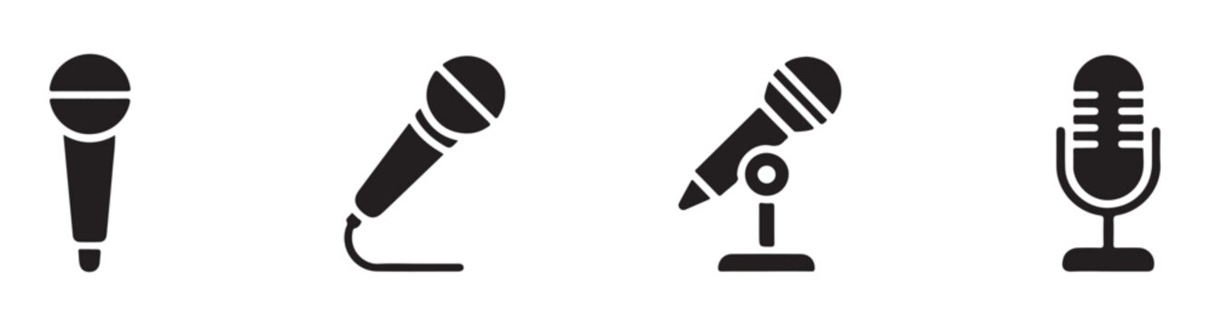 Diverse microphone silhouettes for live performances and audio broadcasting vector icon set collection.