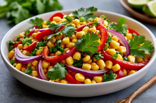 Fresh corn salad with red peppers and onions